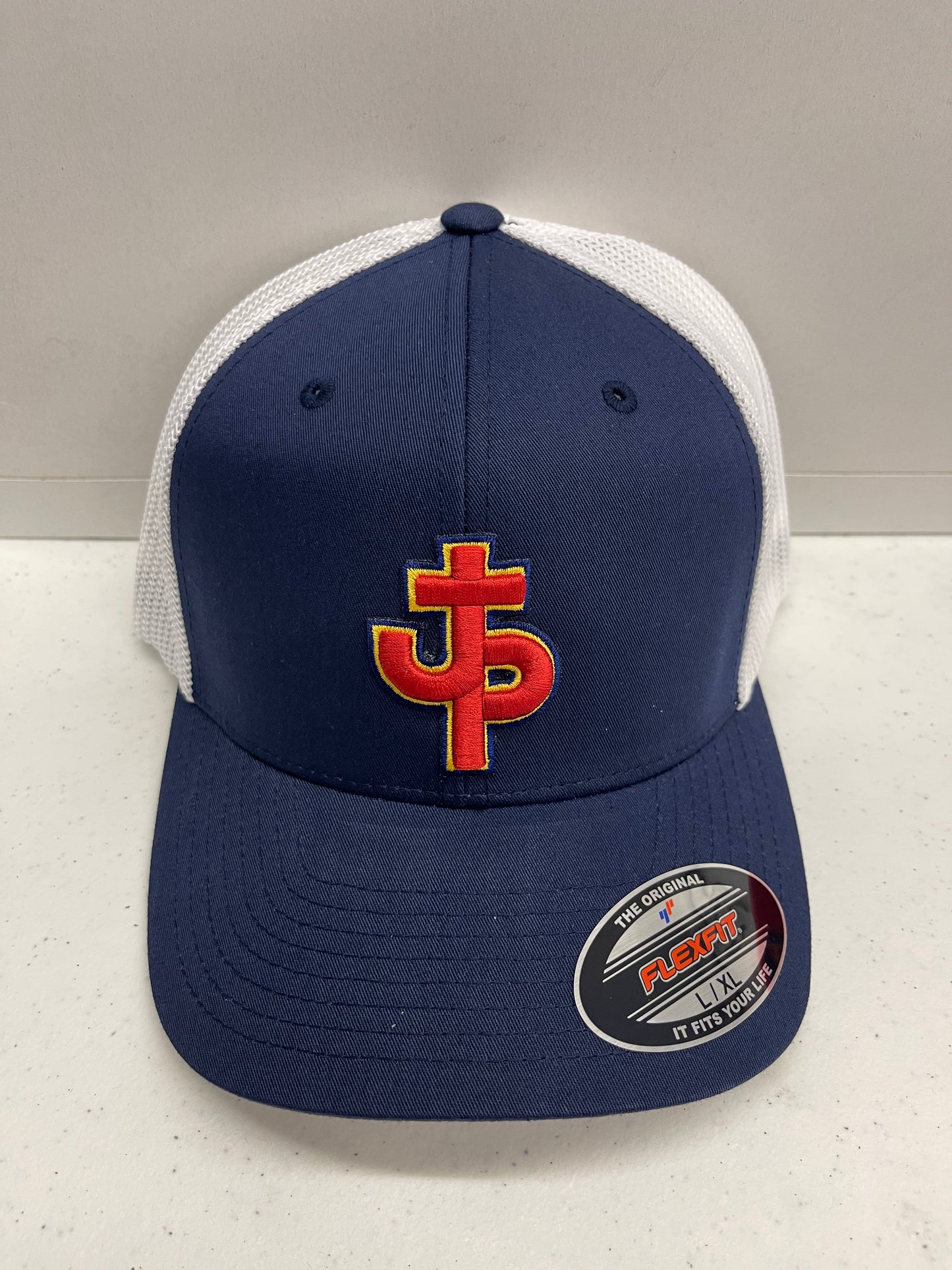 PJP 706 Navy Flex Fit Hat Red Logo